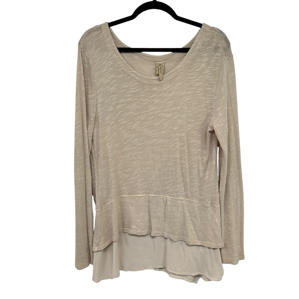 XCVI Layered Peplum Long Sleeve Slub Knit Top‎ Size Large Tan Boho Lagenlook